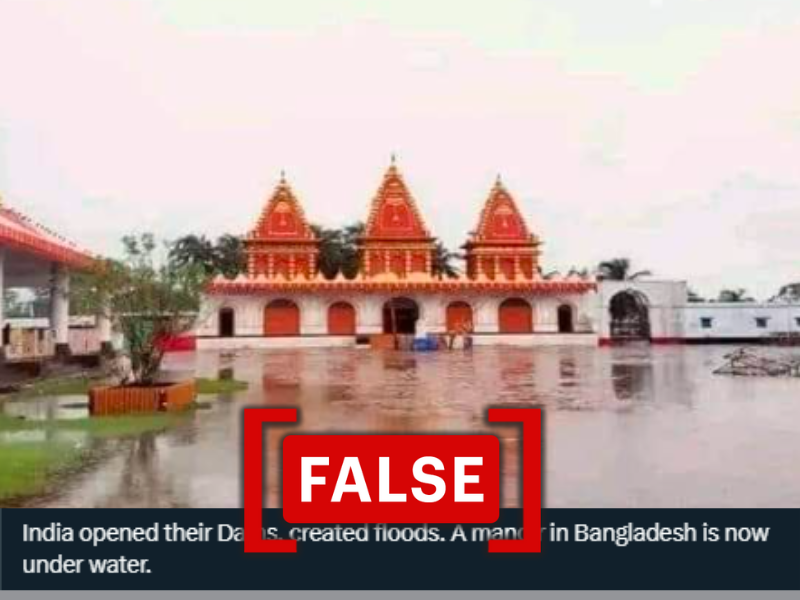 This image shows screenshots of social media posts, with captions claiming an image shows a temple in Bangladesh that is now underwater.